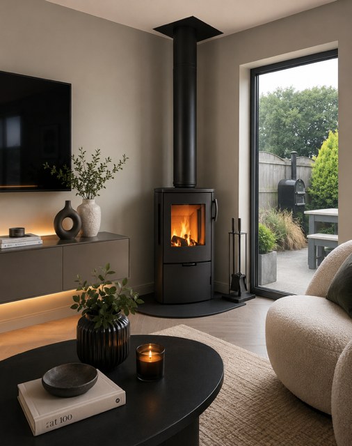 Heta Icon Line Eclipse wood burning stove in a room with a picture window and a low sideboard