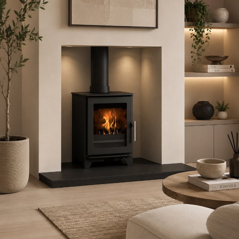 Heta Inspire 40 wood burning stove in a plastered fireplace chamber with a slate hearth