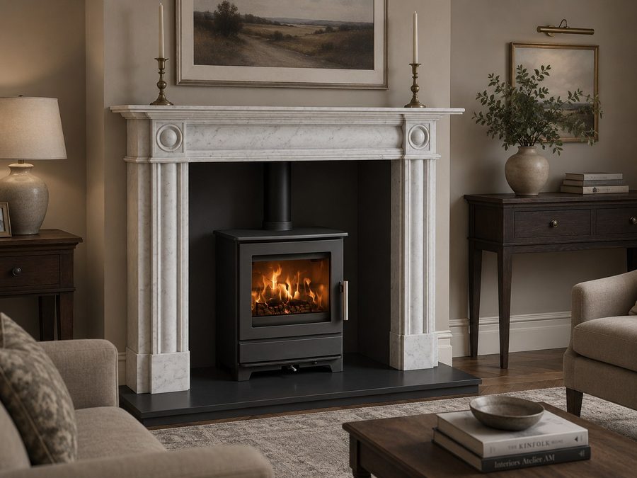 Heta Inspire 45 wood burning stove within a Carrara marble roundel fireplace