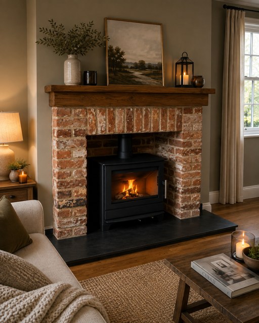 Heta Inspire 55 wood burning stove in a reclaimed brick chamber with a timber beam