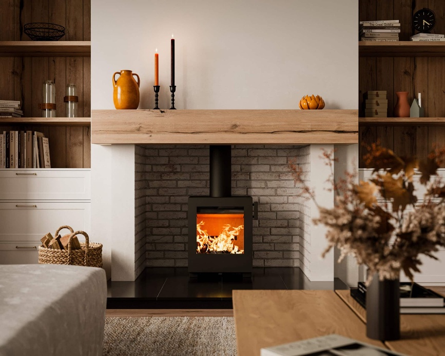 Heta Kube 10 fitted in a fireplace opening beneath a timber beam