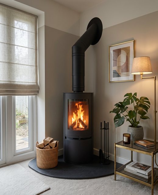 The Poppy freestanding stove installed as the focal point of a Yorkshire living room