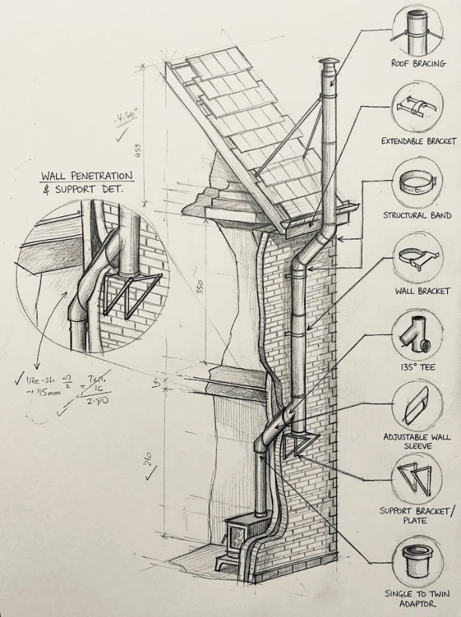Diagram of a flue travelling externally up an outside wall